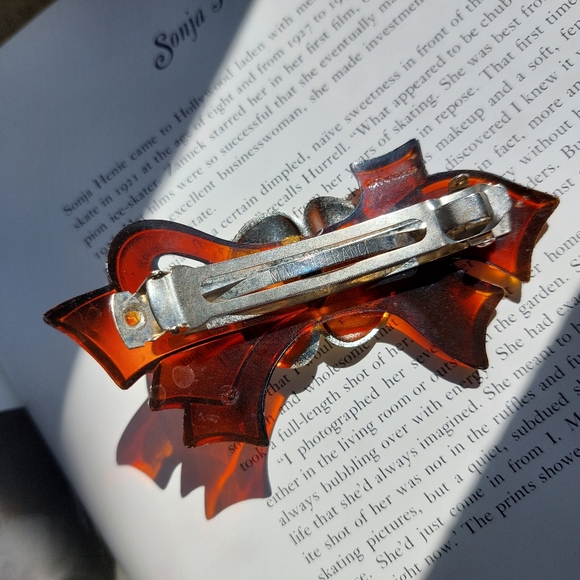 Vintage Barrette Bobby Pin Clip Paris Brown Gold Lucite Bow 1990s 🇫🇷 🎀🎀🎀 - Picture 7 of 8